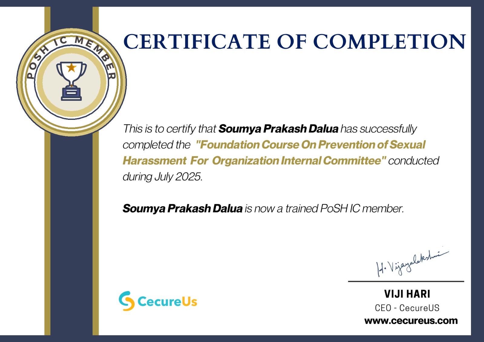Foundation Course on Prevention of Sexual Harassment Certificate